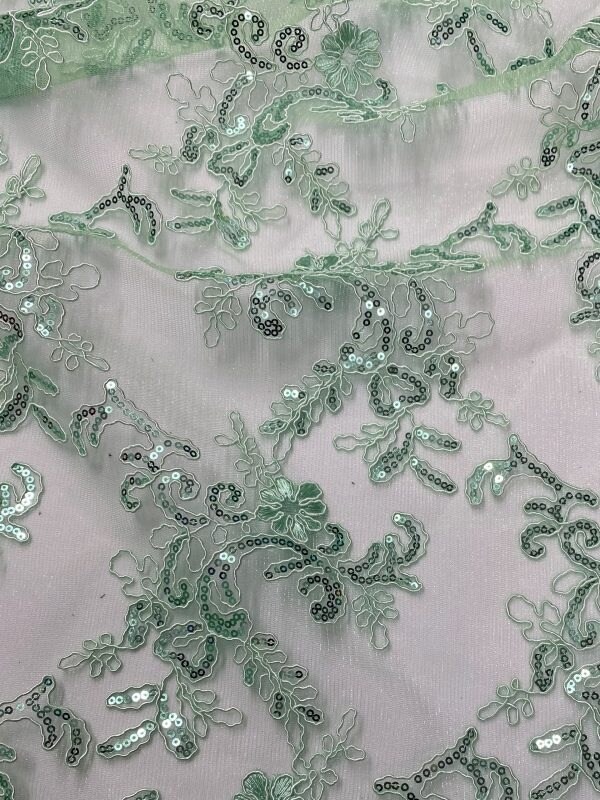 1 Yard Mint Green Corded Sequin Lace Mesh Fabric with Double Scalloped Edge 54” Wide