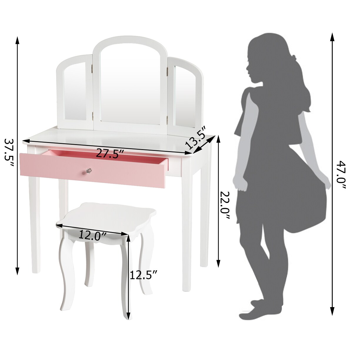Costway Kids Vanity Set Princess Makeup Dressing Play Table Set W/Mirror White\ Pink