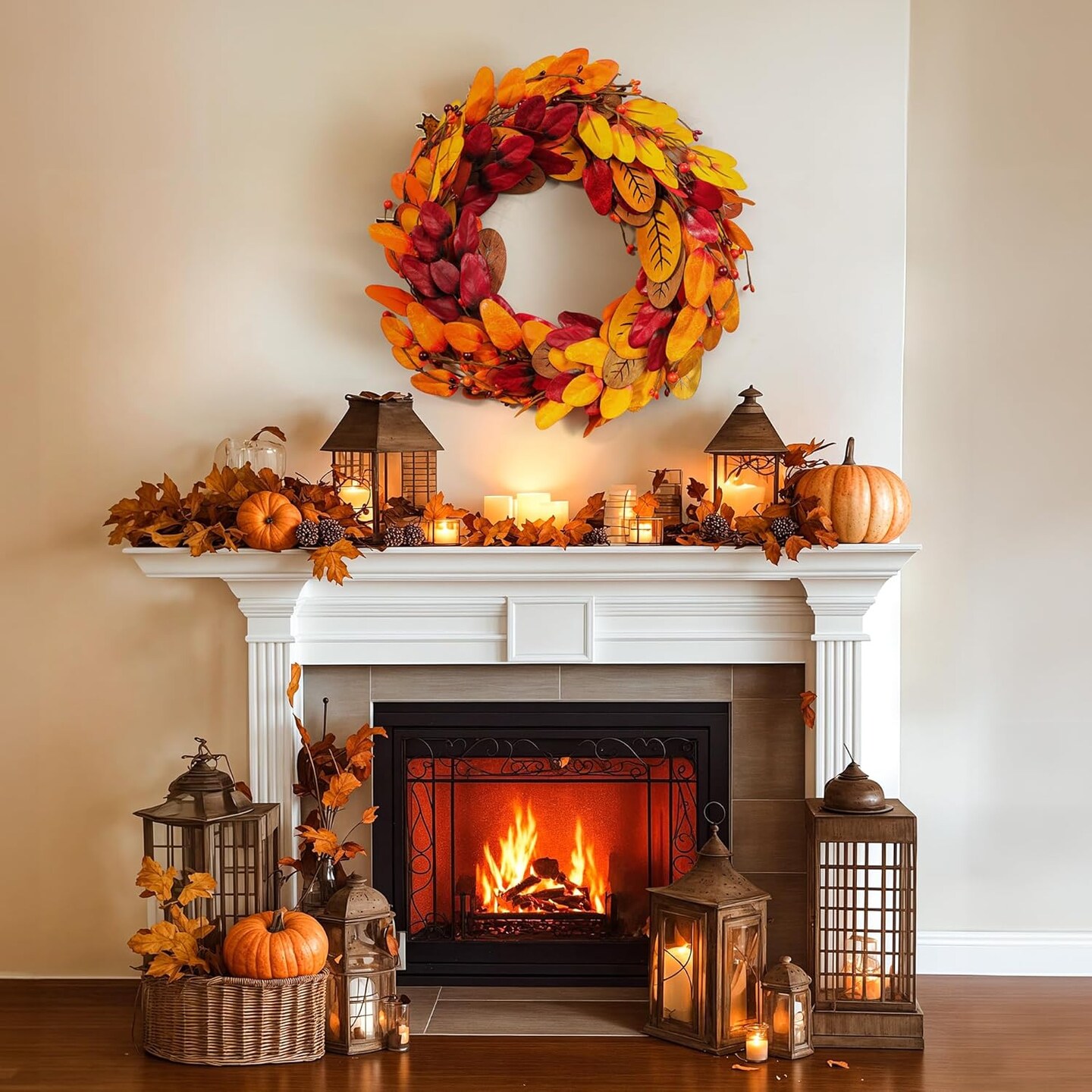 20 Inch Fall Wreath, Artificial Fall Wreaths for Front Door with Fall Artificial maple leaf & Pine Cones & Berries, Autumn Wreath Decor Front Door Indoor or Outdoor Wall Home Party Decoration