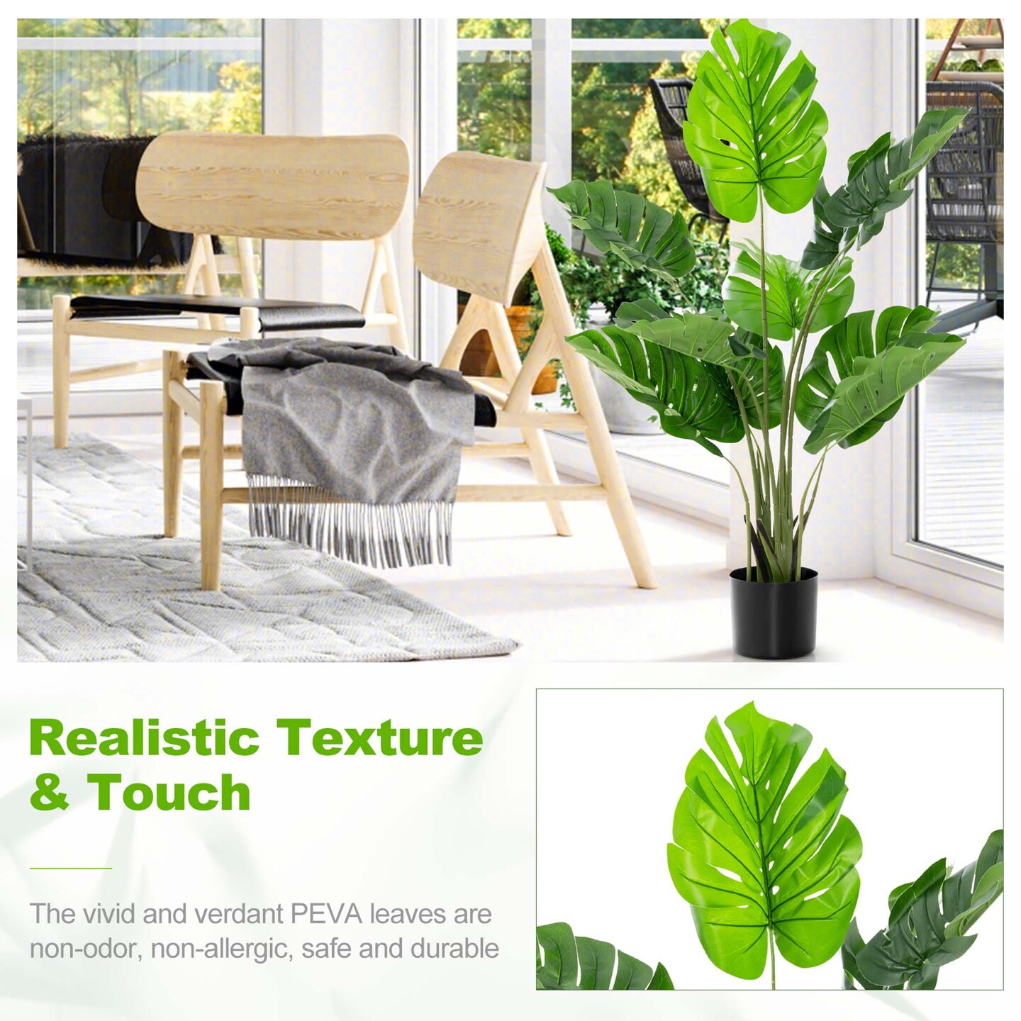 Costway 4FT Artificial Monstera Deliciosa Plant Palm Tree w/ Cement-Filled Pot Indoor Outdoor