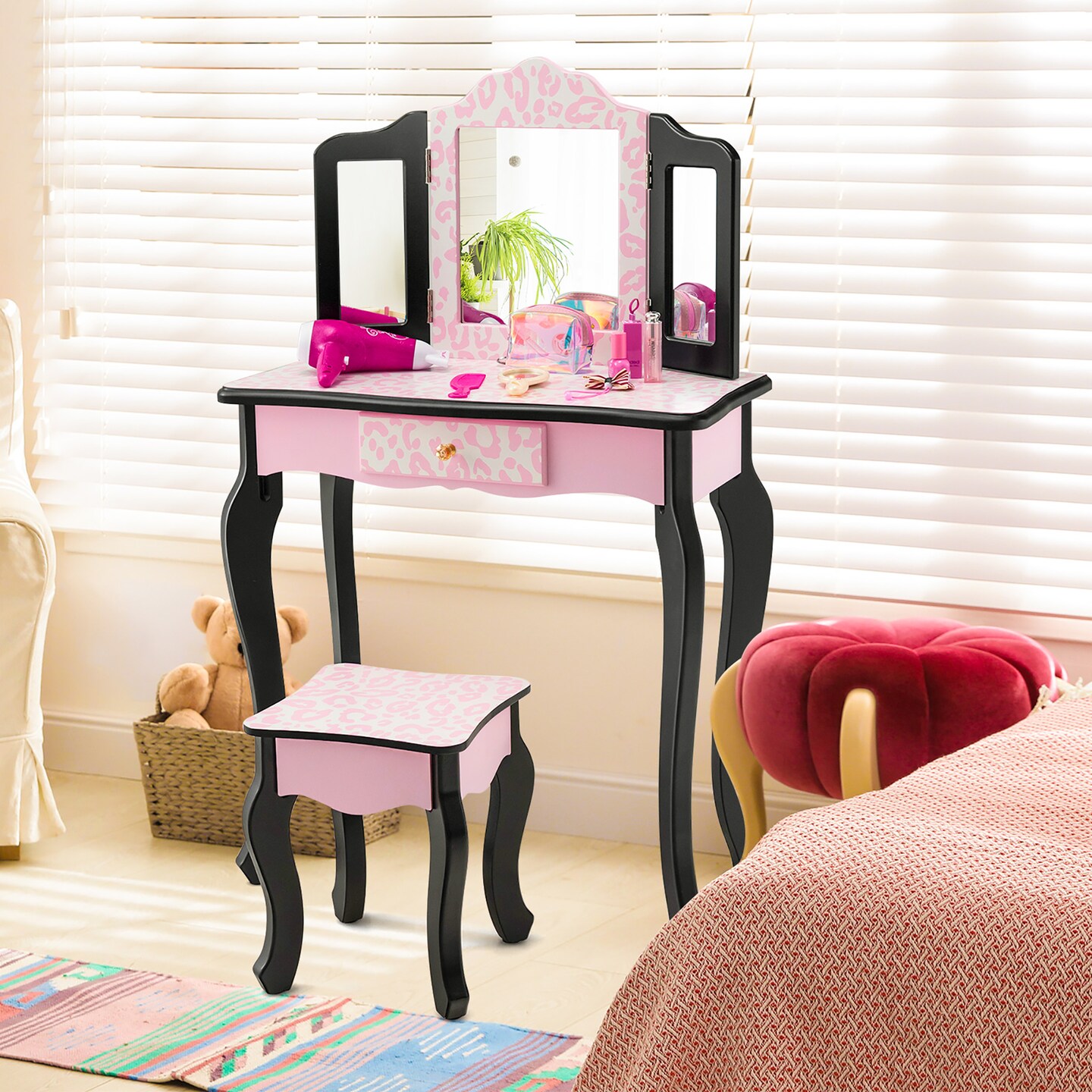 Costway Kid Vanity Set Wooden Makeup Table Stool Tri-Folding Mirror Leopard Print