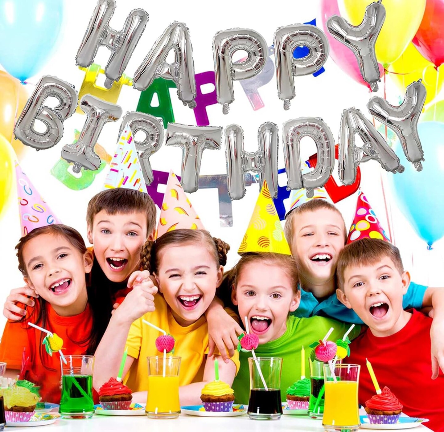 Silver Happy Birthday Balloon Banner – 16” Mylar Foil Letters with Straw & Ribbon, Party Decoration & Photo Booth Backdrop