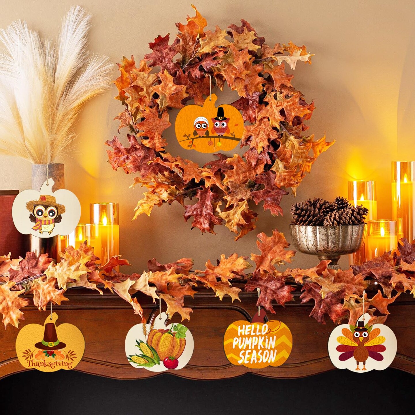Wooden Pumpkins Ornaments to Paint Halloween Thanksgiving Decoration Cutouts Unfinished 24PCS 3.5 x 3 inches, DIY Blank Unfinished Pumpkin Wood Discs Ornament for Home Harvest Crafts Hanging Autumn De