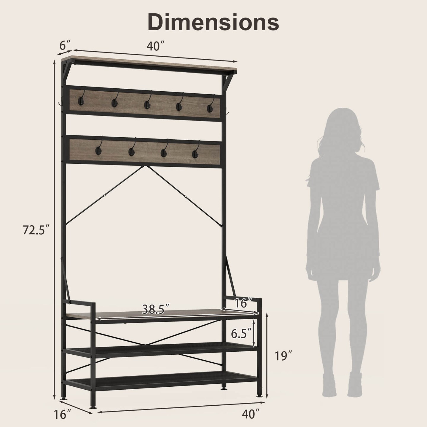 Costway Coat Rack 4-In-1 Hall Tree with 11 Hanging Hooks, Shoe Bench, 2-Tier Shoe Rack Gray/Brown