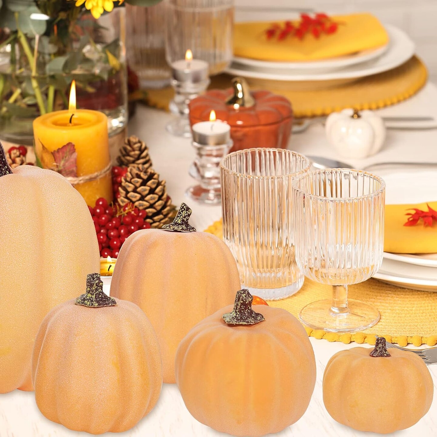 7 Pcs Assorted Size Fall Pumpkins Table Display (Light Orange)