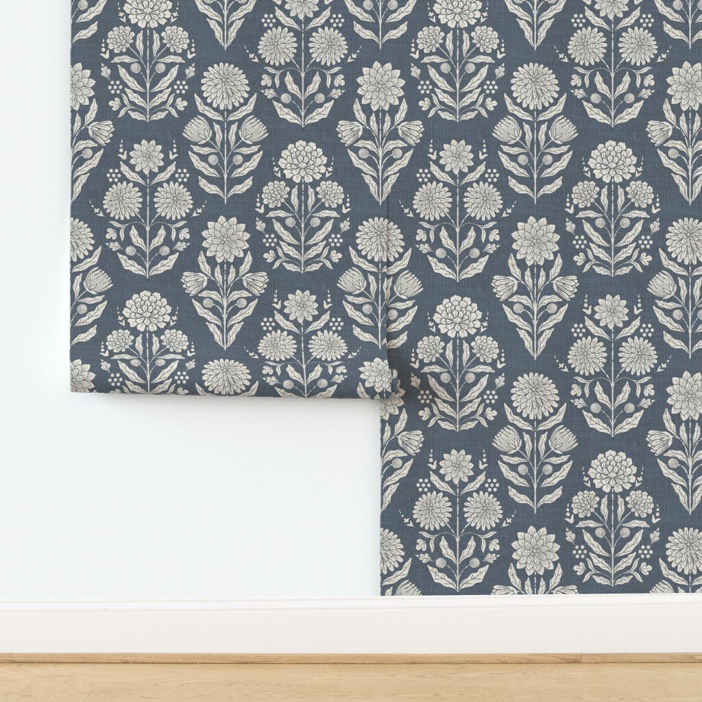Blue Floral Retro Bohemian Botanical Rustic Farmhouse Cottagecore Hand-Carved Flower Traditional Wallpaper by Spoonflower Non-Pasted Wallpaper 2FT Wide