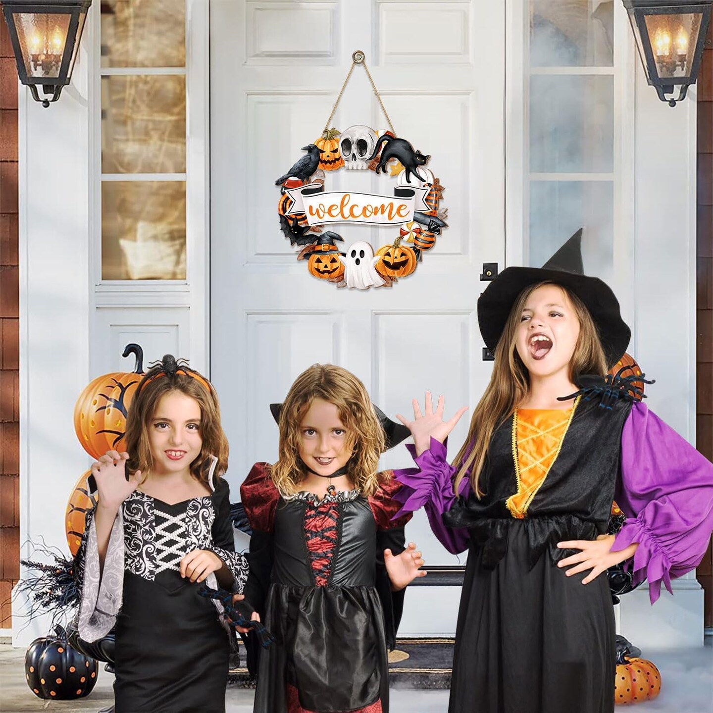 Halloween Wood Wreath Ghost Black Cat Pumpkin Skull