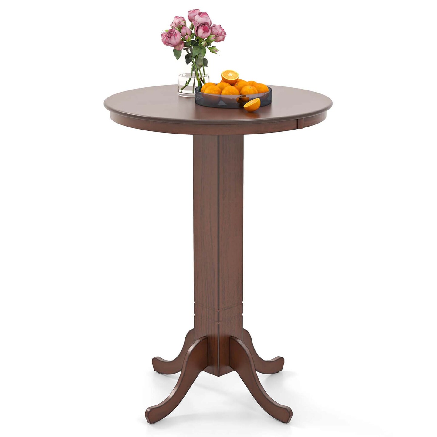 Costway 30” Round Bar Table with Rubber Wood Frame, Elegant Pedestal Base for Dining Room Espresso/Oak Gray