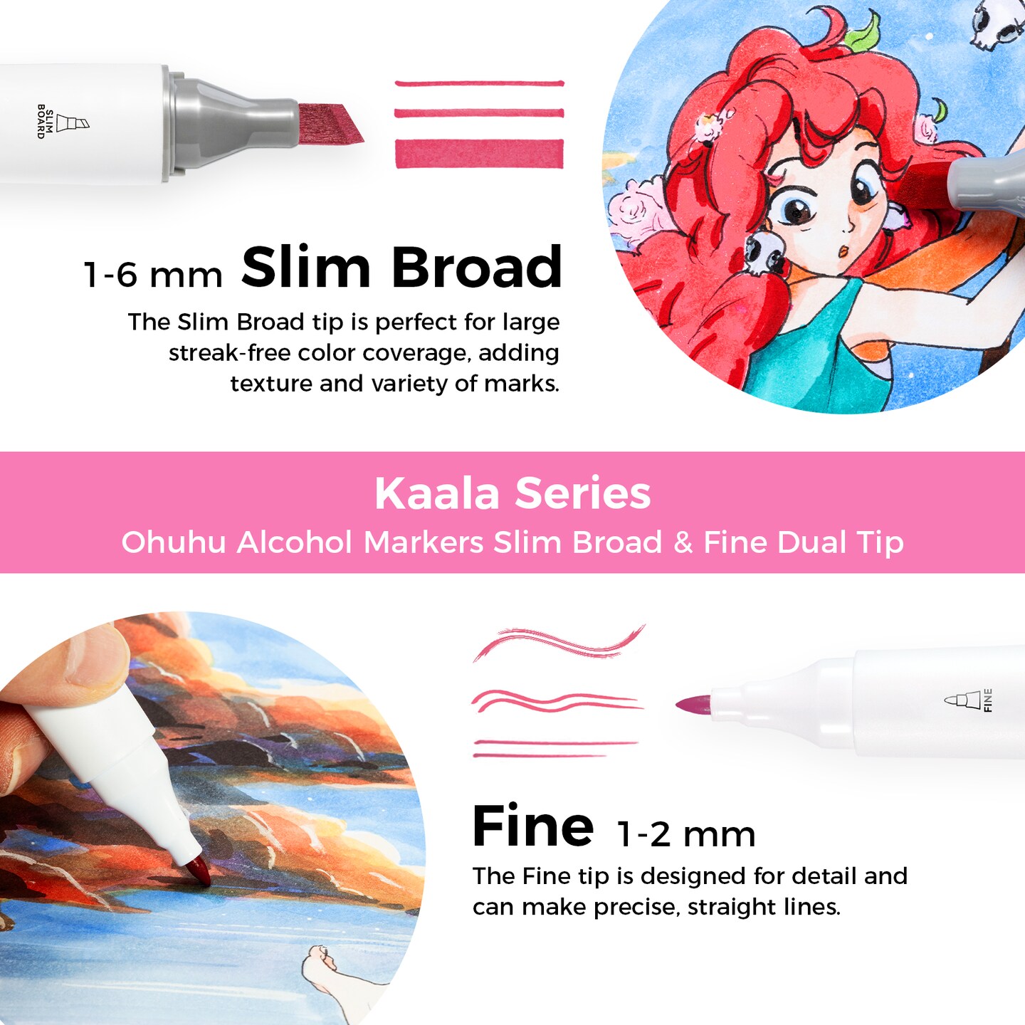 Ohuhu Alcohol Markers, 60 Colors Kaala Markers, Slim Broad and Fine Double Tipped, Art Marker Set for Artists Adults Coloring Drawing Cartoon Anime Comic/ Landscape Sketch