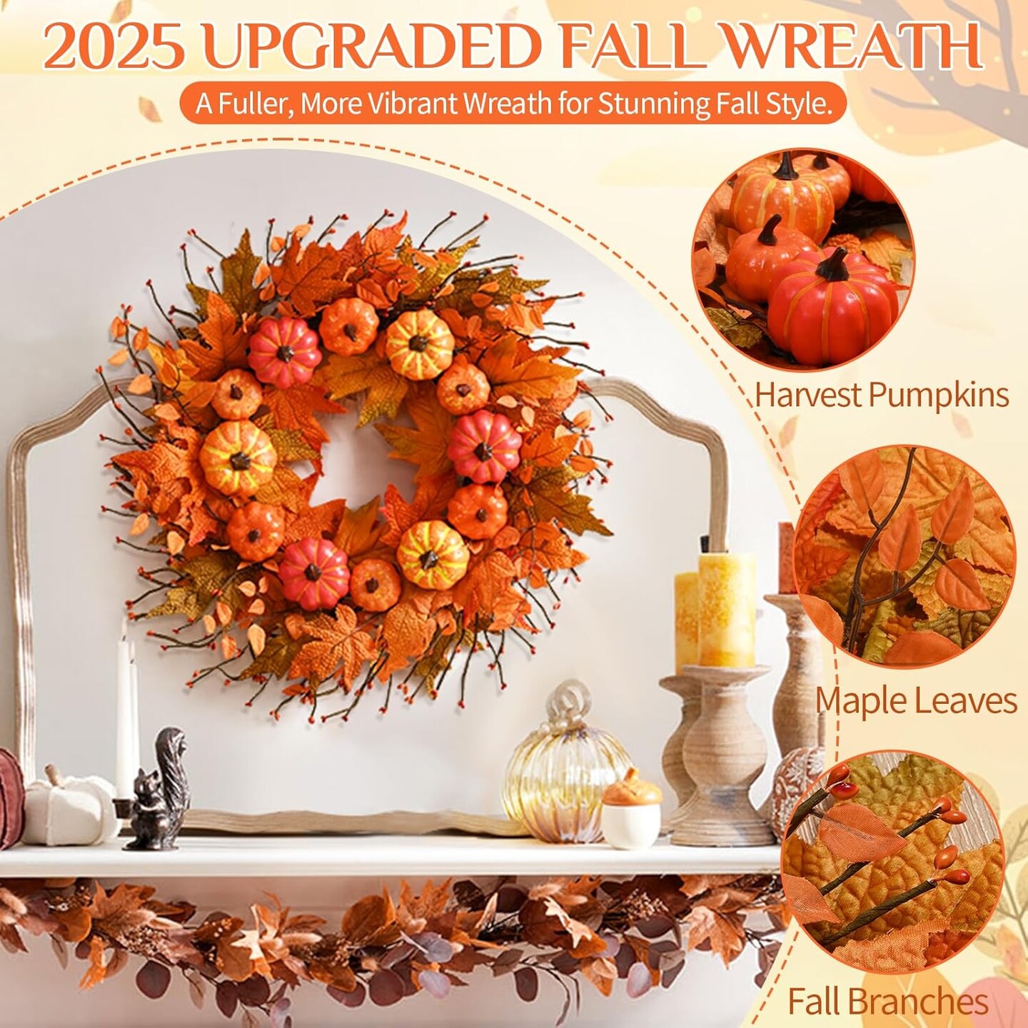 2 Pack 20 Inch Fall Wreath for Outside Door