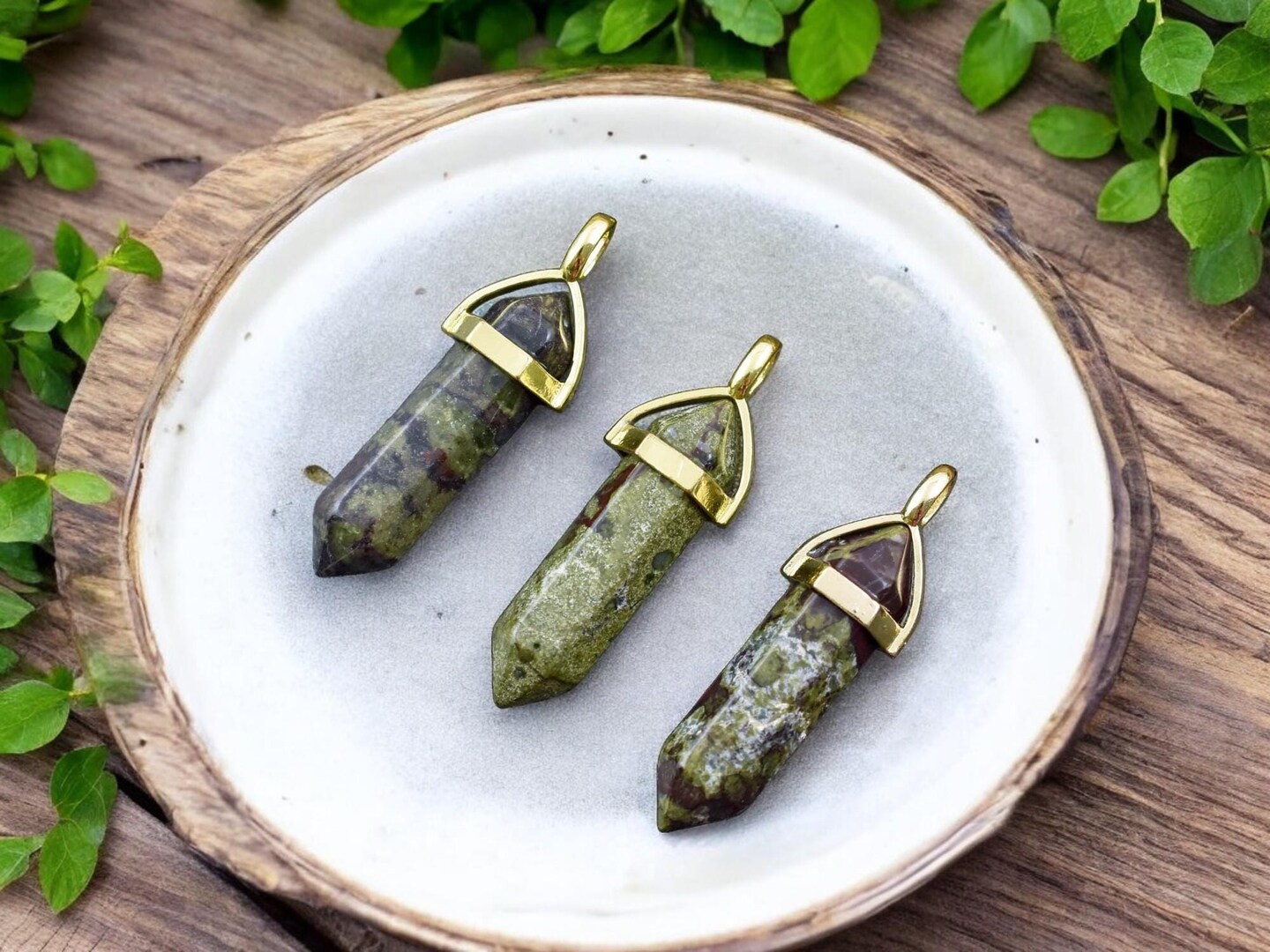 40mm Gold Tone Natural Dragon Blood Double Terminated Bullet Pendant