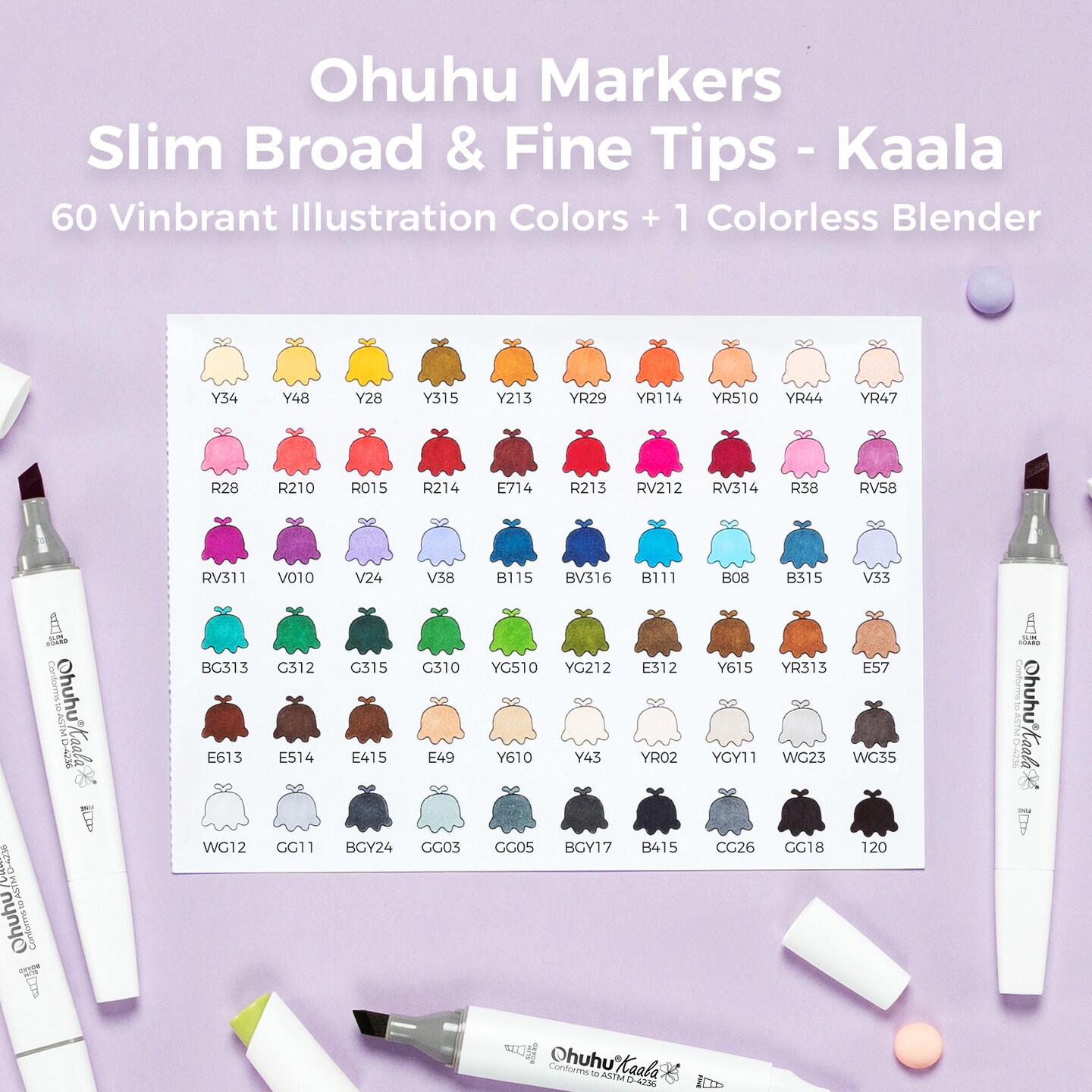 Ohuhu Alcohol Markers, 60 Colors Kaala Markers, Slim Broad and Fine Double Tipped, Art Marker Set for Artists Adults Coloring Drawing Cartoon Anime Comic/ Landscape Sketch
