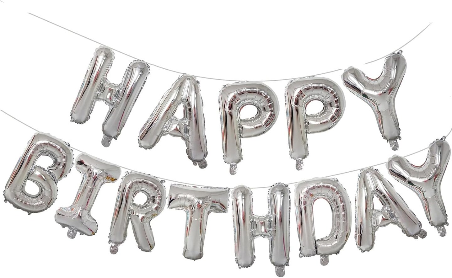 Silver Happy Birthday Balloon Banner – 16” Mylar Foil Letters with Straw & Ribbon, Party Decoration & Photo Booth Backdrop