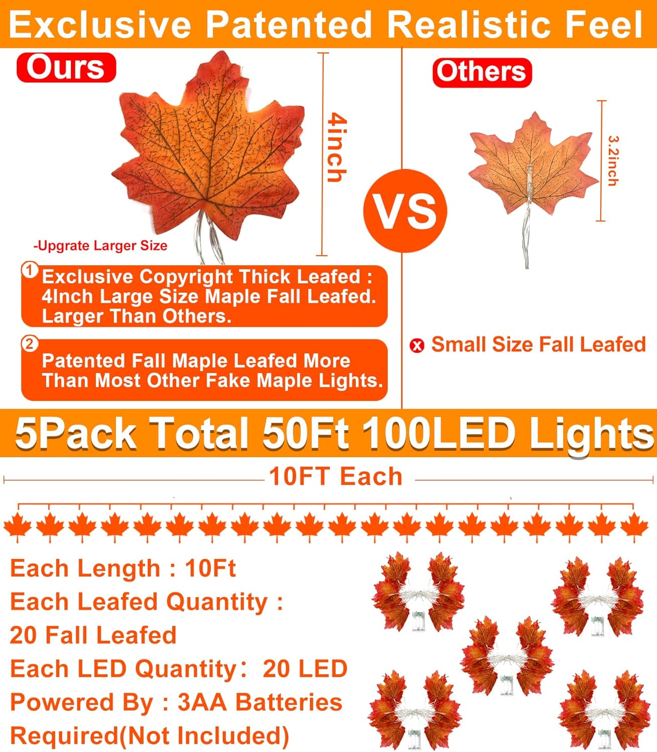 5 Pack Fall Garland with Lights - 50 Ft 100 LED