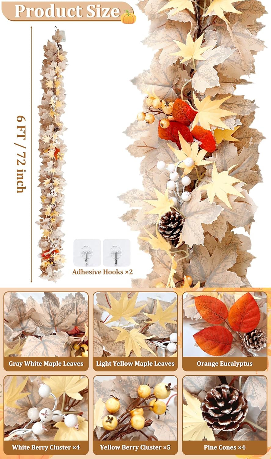6FT Fall Thanksgiving Garland with Timer – Maple Leaf, Berries & Pinecones, 20 LED Autumn String Lights for Table, Fireplace, Wedding, Halloween & Christmas Decor (Beige)
