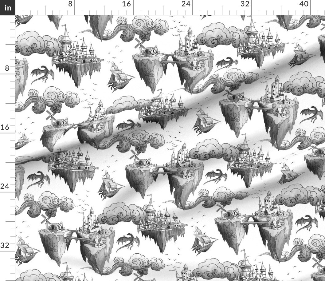 Various Fabrics by the Yard or Fat Quarter Toile Dragons Castle Island Fantasy Monochrome Illustration Black And White Custom Printed Fabric by Spoonflower