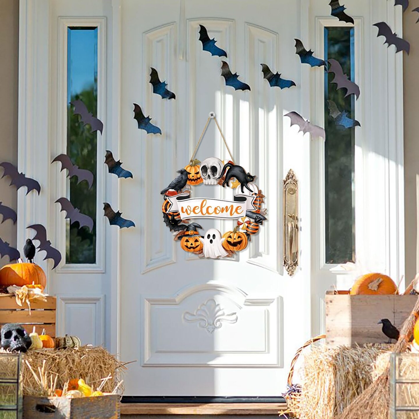 Halloween Wood Wreath Ghost Black Cat Pumpkin Skull