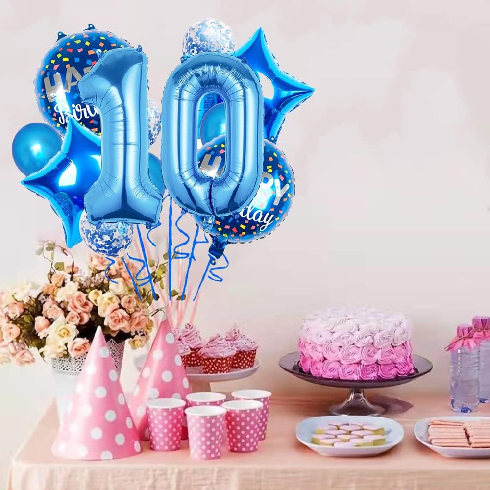 11 pcs Foil Balloons 10 Year Old for 10st Birthday Party Supplies Decoration (10th, Blue)