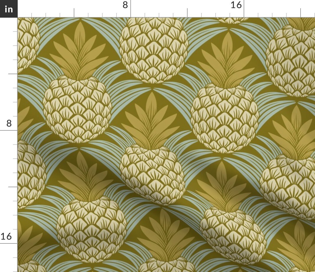 Bold Pineapples Moss Green Pale Blue Tropical Fruit Retro Kitchen Custom Printed Fabric by Spoonflower Various Fabrics by the Yard or Fat Quarter