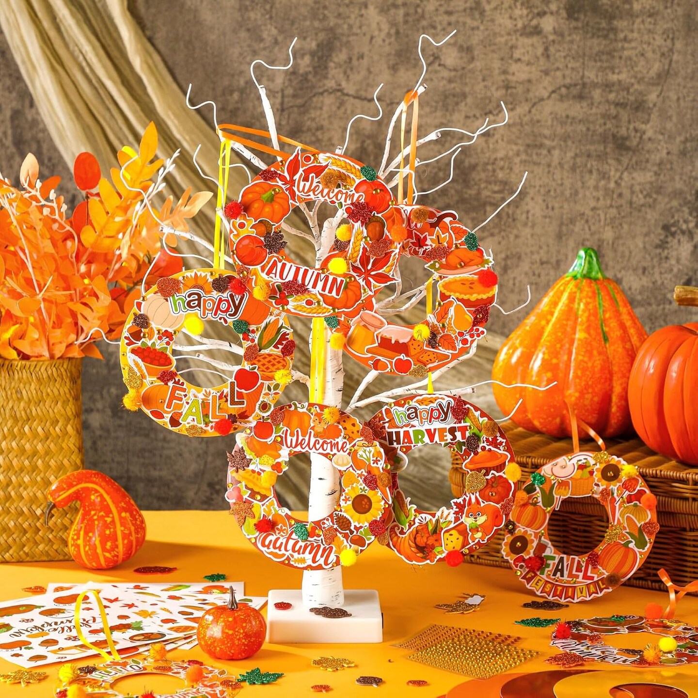 48-Pack Autumn Wreath Craft Kits for Kids – DIY Pumpkin Paper Wreath Craft with Stickers, Make-Your-Own Fall Hanging Ornaments for Classroom, Home, Autumn Parties & School Activities (multicolor) 7.09 x 7.09 x 2.17 inches