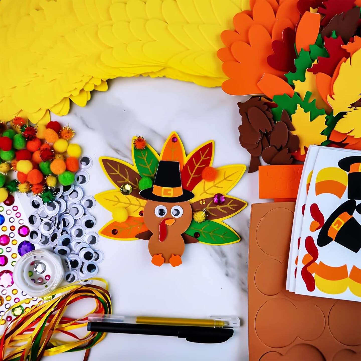24-Pack Thanksgiving Turkey Craft Kits for Kids – DIY Foam Turkey Ornaments with Feathers, Pumpkin & Leaf Stickers, Googly Eyes, Pom-Poms, and Ribbon for Classroom, Party & Autumn Decorations