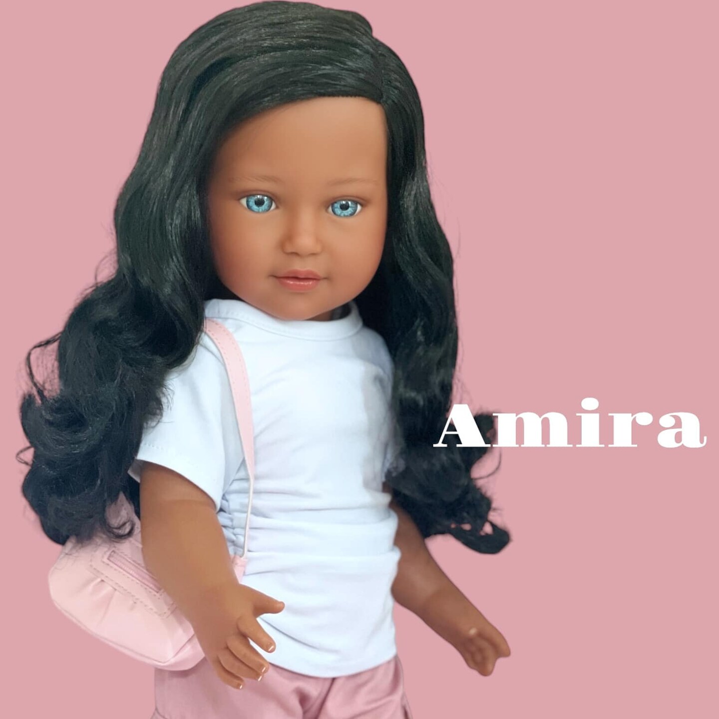 Amira - 18-Inch Biracial Doll with Blue Eyes and Long Wavy Black Hair, Celebrating Brazilian and African American Heritage