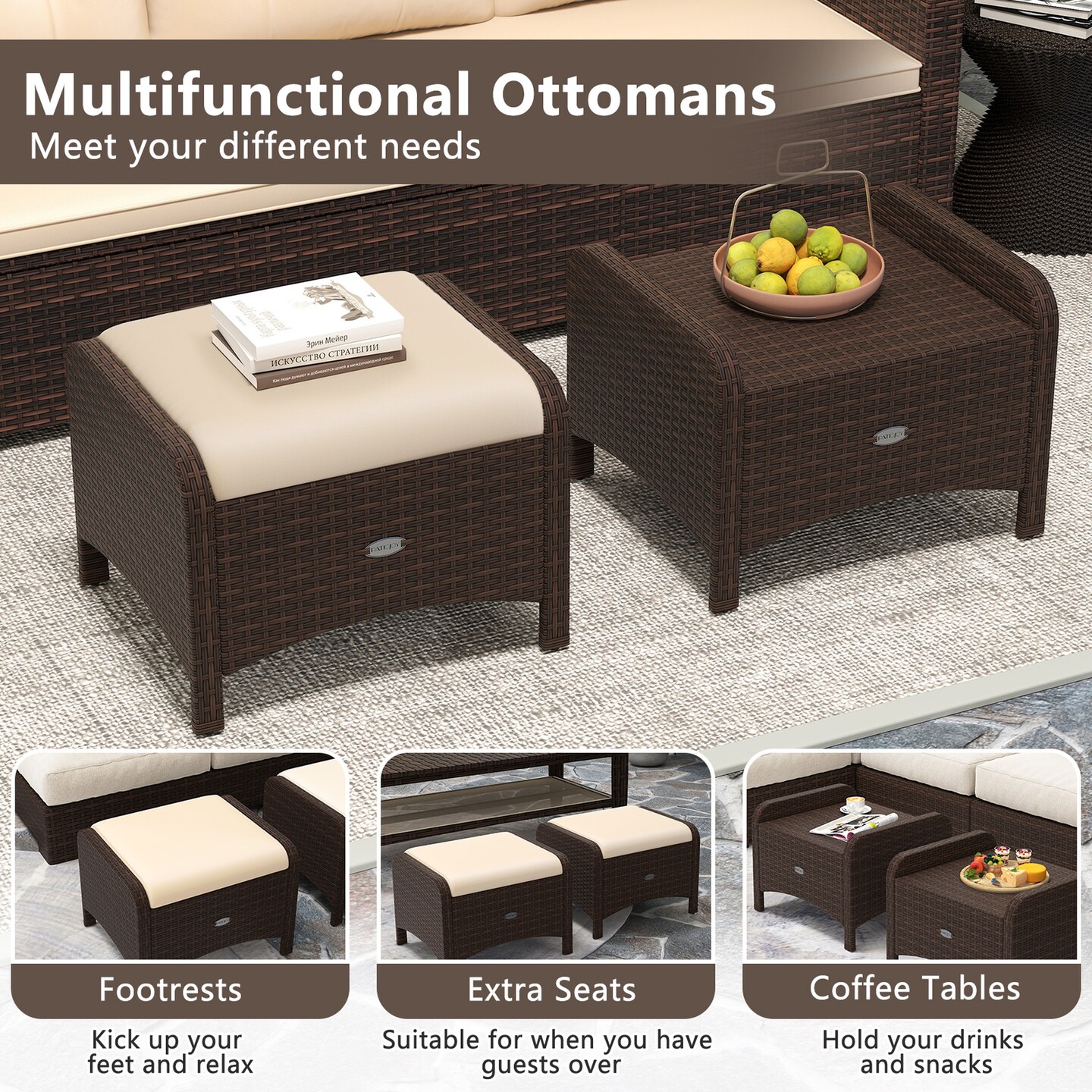 Costway 2 Pieces Outdoor Patio PE Wicker Ottomans with Removable Cushions Footstools Beige/Navy