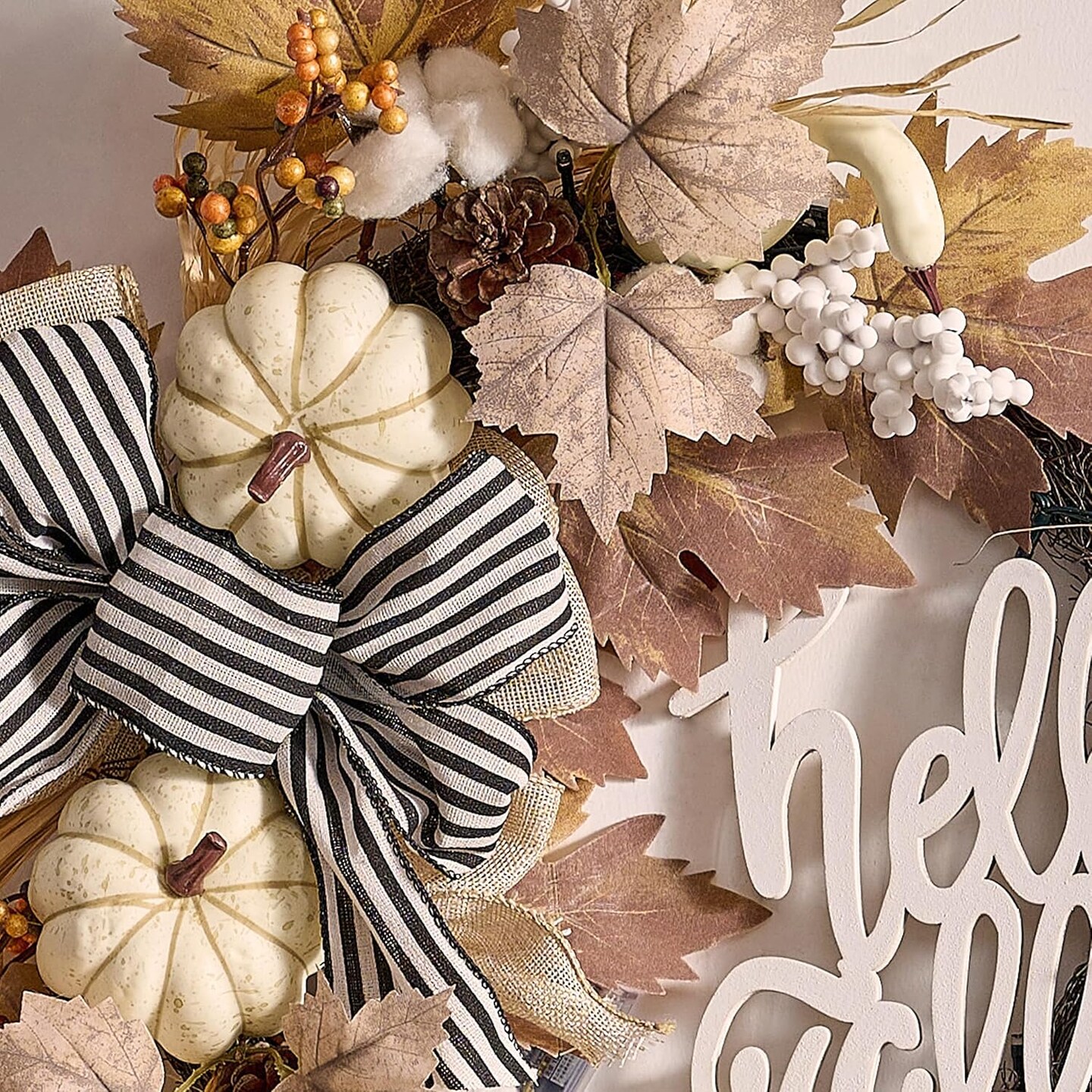 Neutral Autumn Door Wreath with Lights