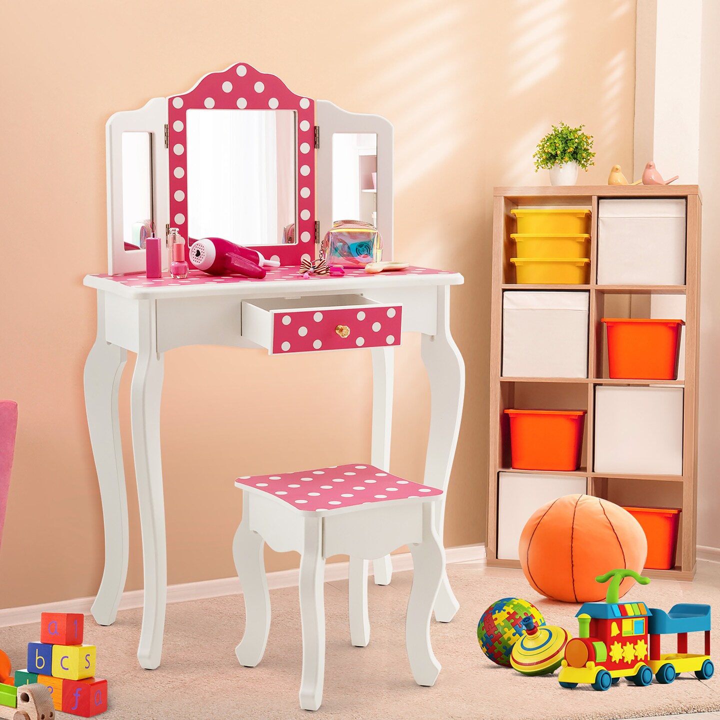 Costway Kid Vanity Set Wooden Makeup Table Stool Tri-Folding Mirror Leopard Print