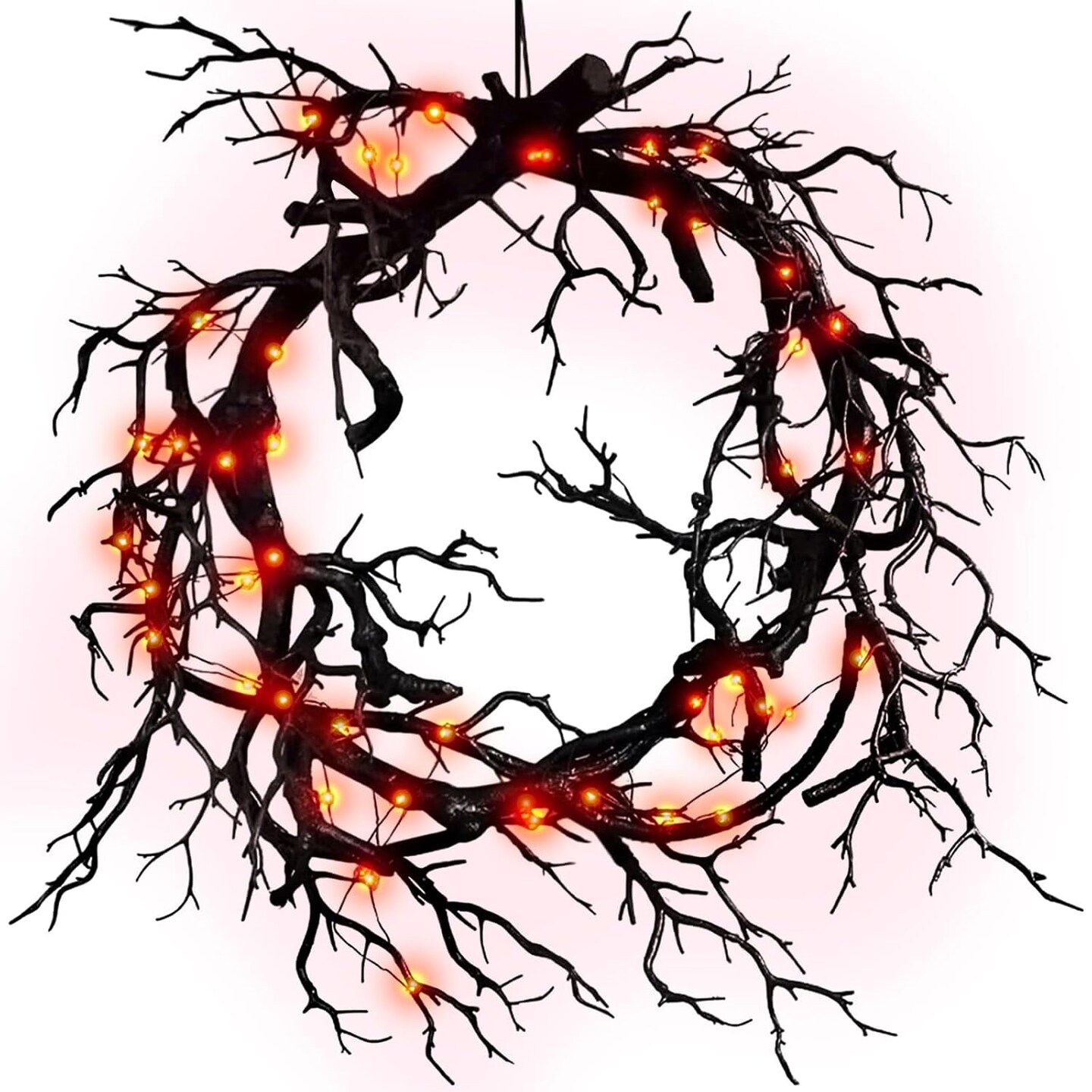 Halloween Black Branch Wreath Signs with Red Light