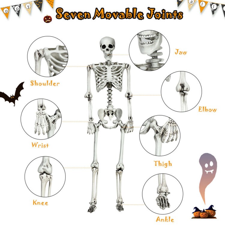 5.4 Feet Life-Size White Poseable Halloween Skeleton with Hanging Rope for Outdoor Decor
