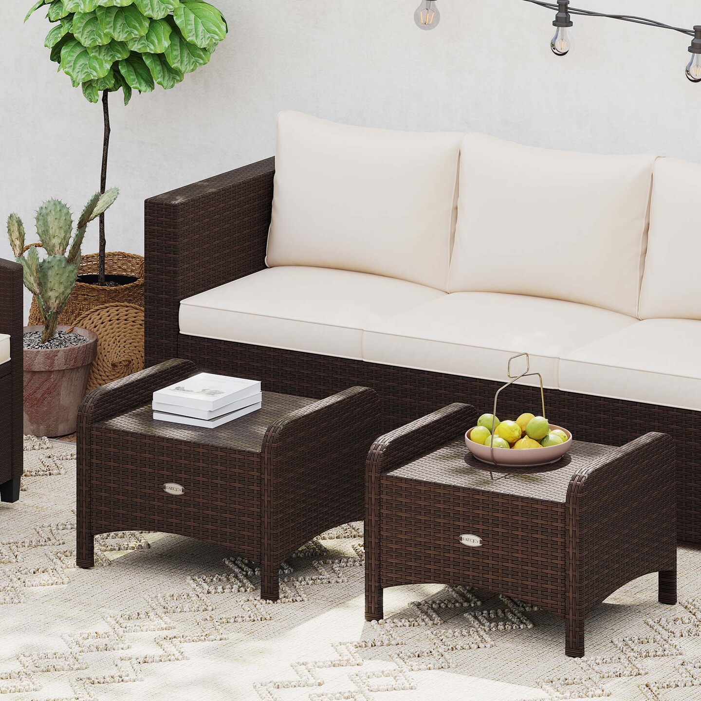 Costway 2 Pieces Outdoor Patio PE Wicker Ottomans with Removable Cushions Footstools Beige/Navy