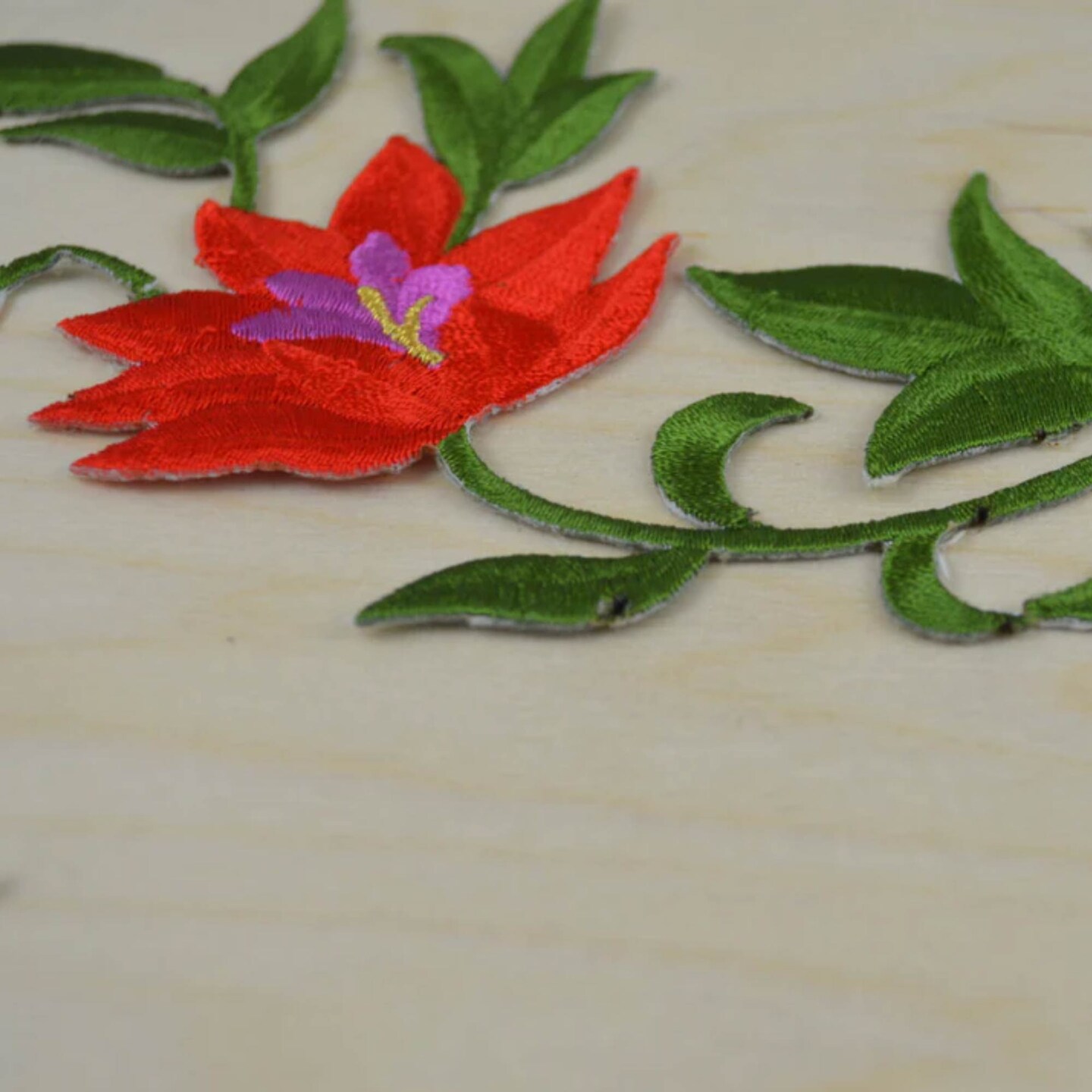 Vibrant Red Purple Green Lily Embroidered Flower Iron On Patches Pair