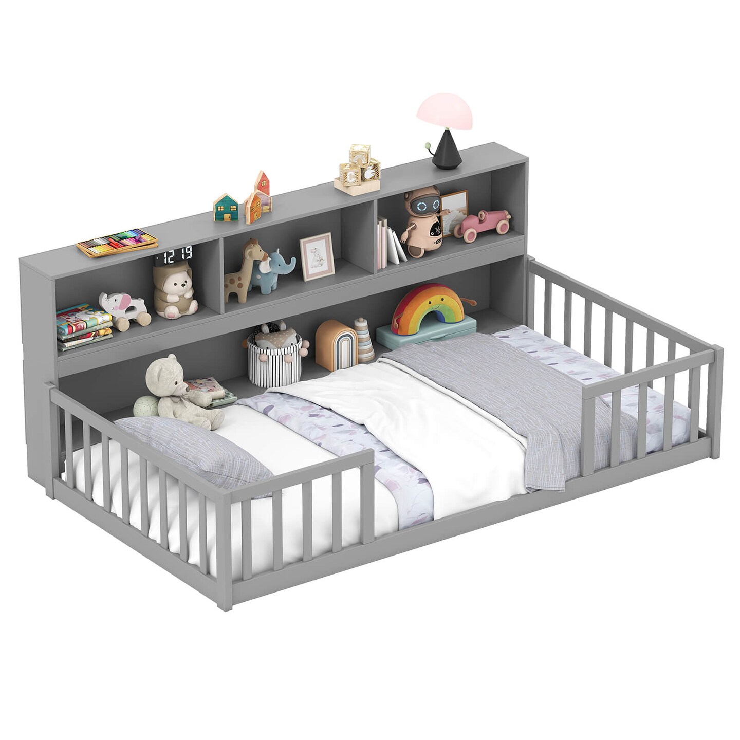 Costway Twin/Full Size Montessori Floor Bed with Bookcase Storage Shelves &#x26; Safety Fence Rails White/Gray