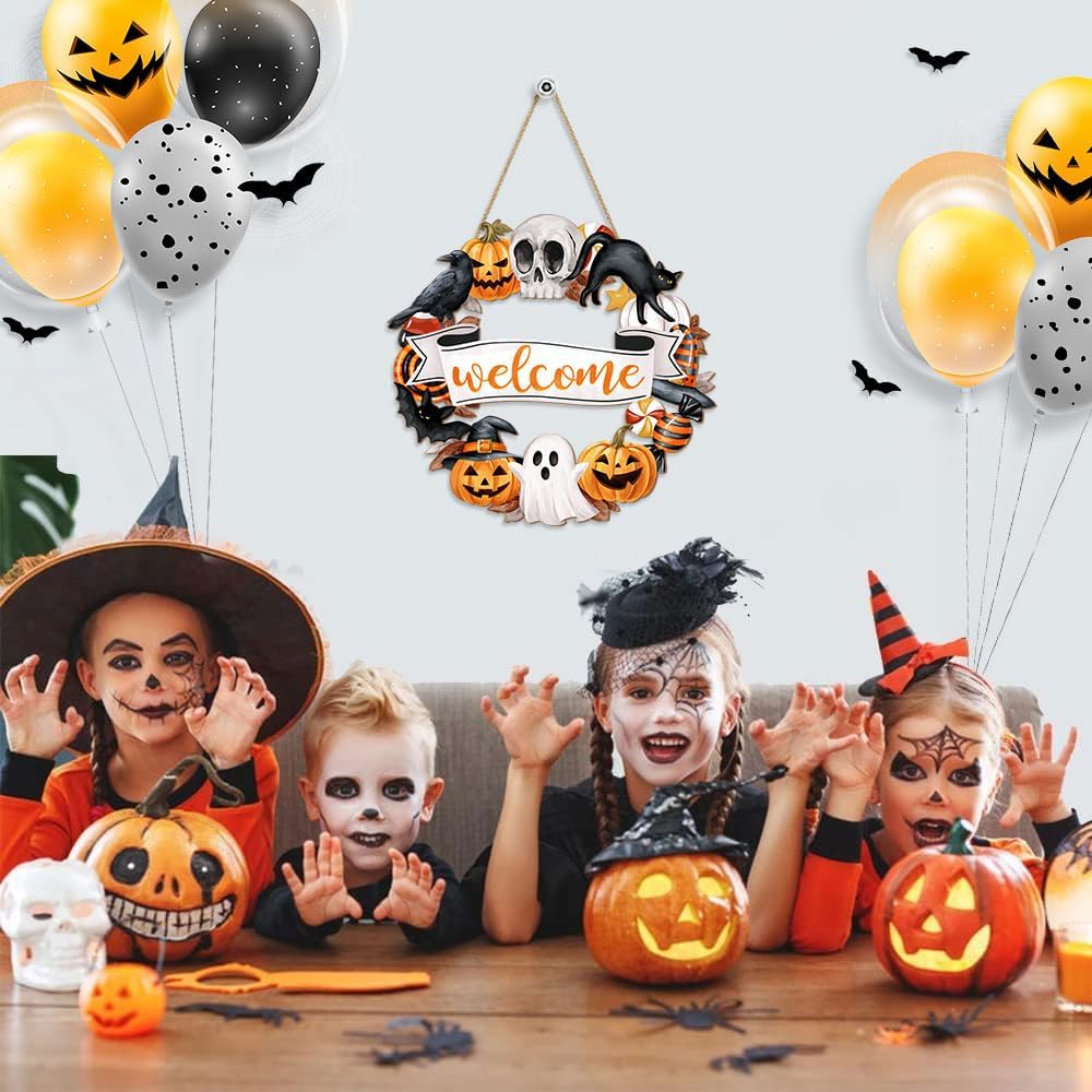 Halloween Wood Wreath Ghost Black Cat Pumpkin Skull