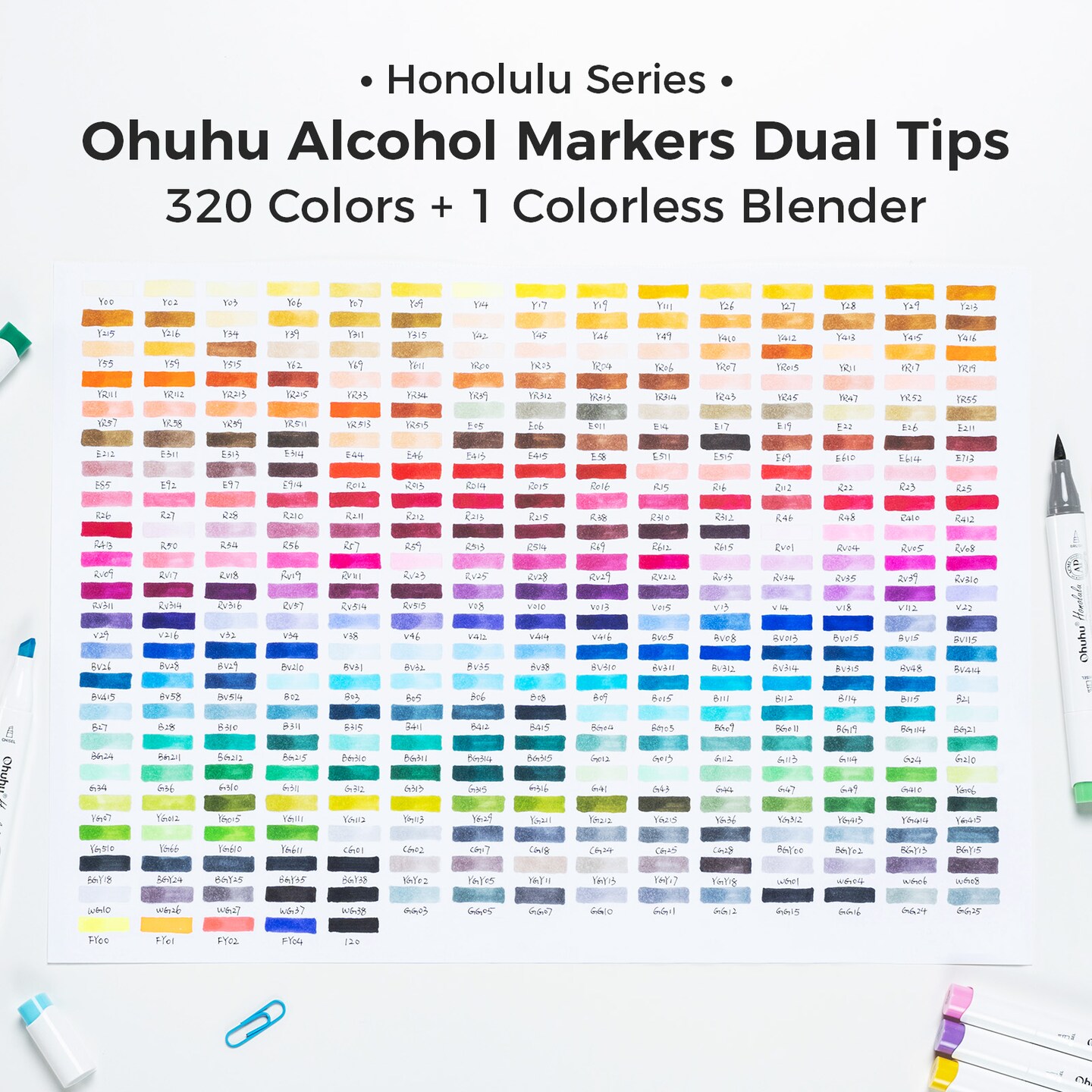 Ohuhu Alcohol Markers Brush Tip - 320-color Double Tipped Art Sketch Marker Set for Artists Adults Coloring Illustration -Brush &#x26; Chisel Dual Tips - Honolulu Series of Ohuhu Markers - Refillable Ink