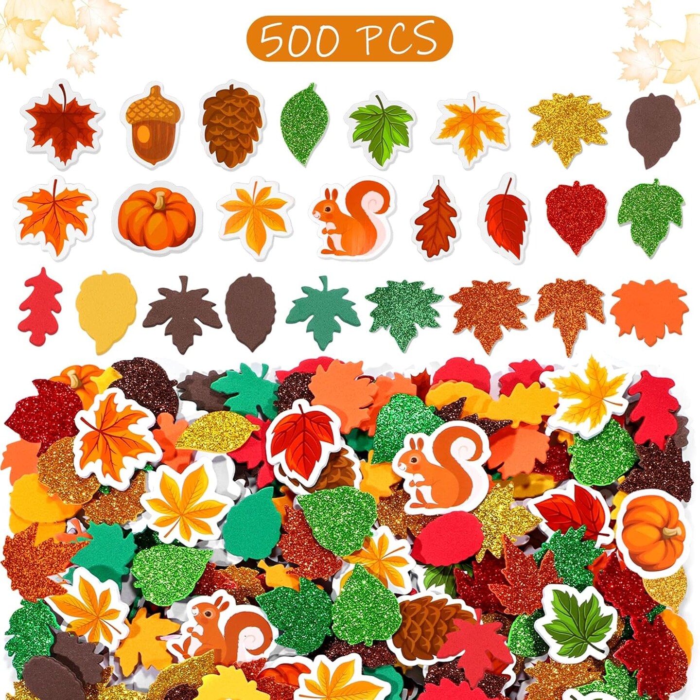 500 Pieces Fall Leaf Foam Stickers Thanksgiving Glitter -multicolor