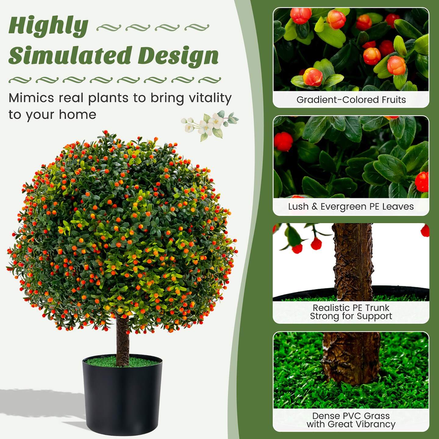 Costway 22&#x27;&#x27; Artificial Boxwood Topiary Ball Tree 2-Pack Faux Potted Plant w/Orange Fruit