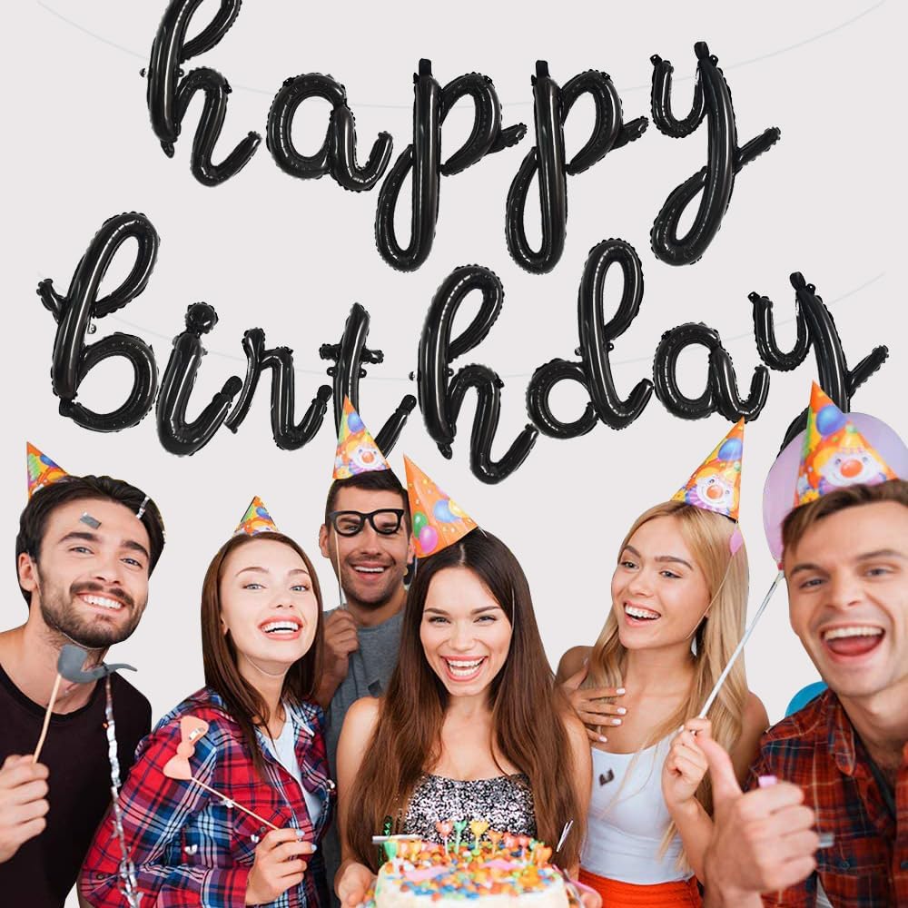 Black Happy Birthday Balloon Banner – Cursive Mylar Foil Letters, 16” Party Decorations for Adults (Low Black)