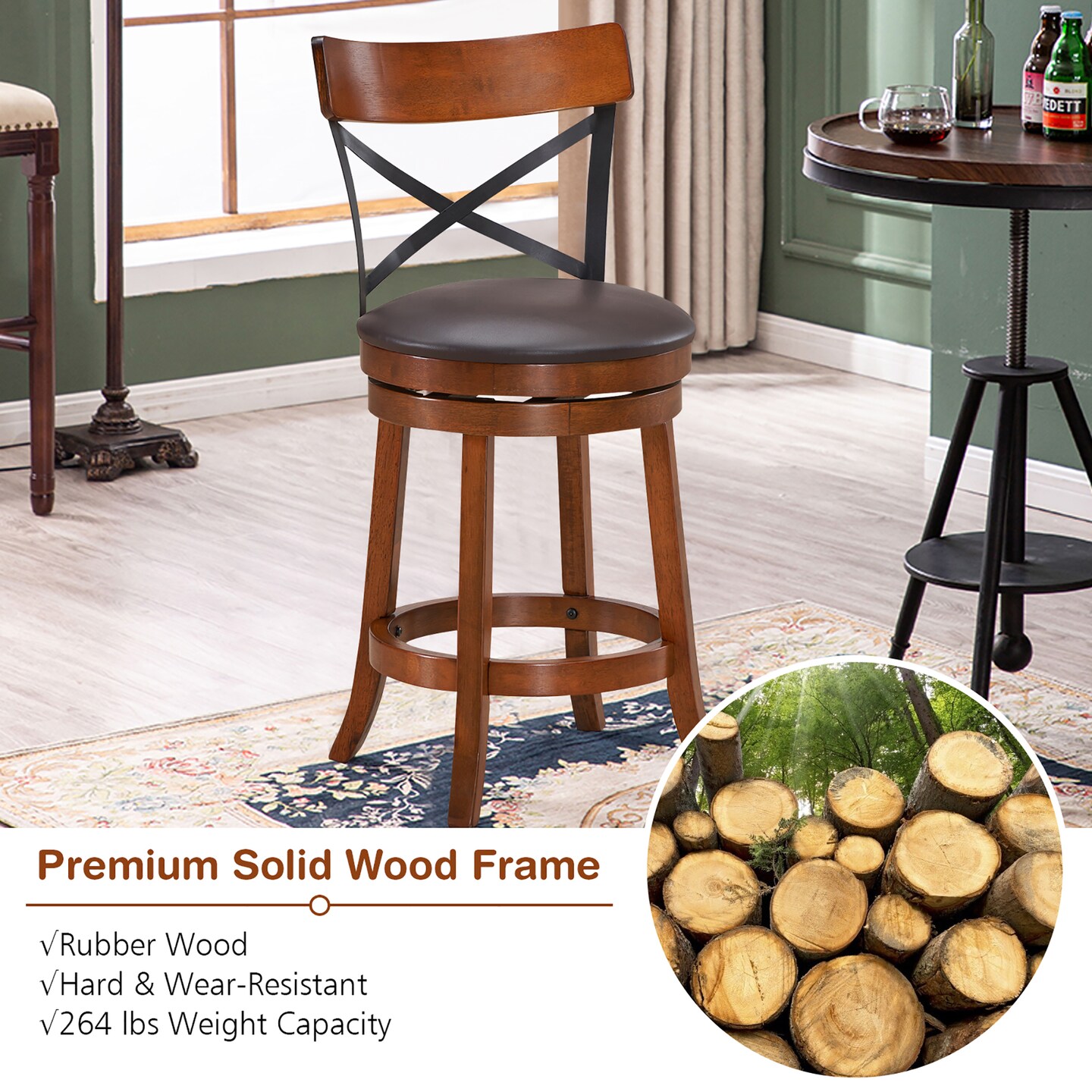 Costway Set of 4 Bar Stools Swivel 25'' Dining Bar Chairs with Rubber Wood Legs