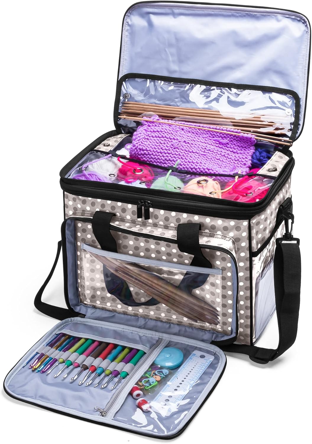 Knitting Bag Yarn Organizer with Cover & Divider – Black Tote for Crochet Hooks, Needles & Projects