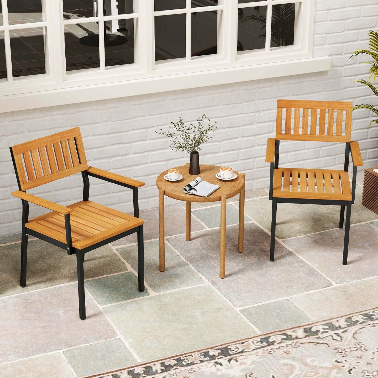 Costway Dining Chair Set of 2/4 with Acacia Wood Backrest Slanted Seat Comfortable Armrests
