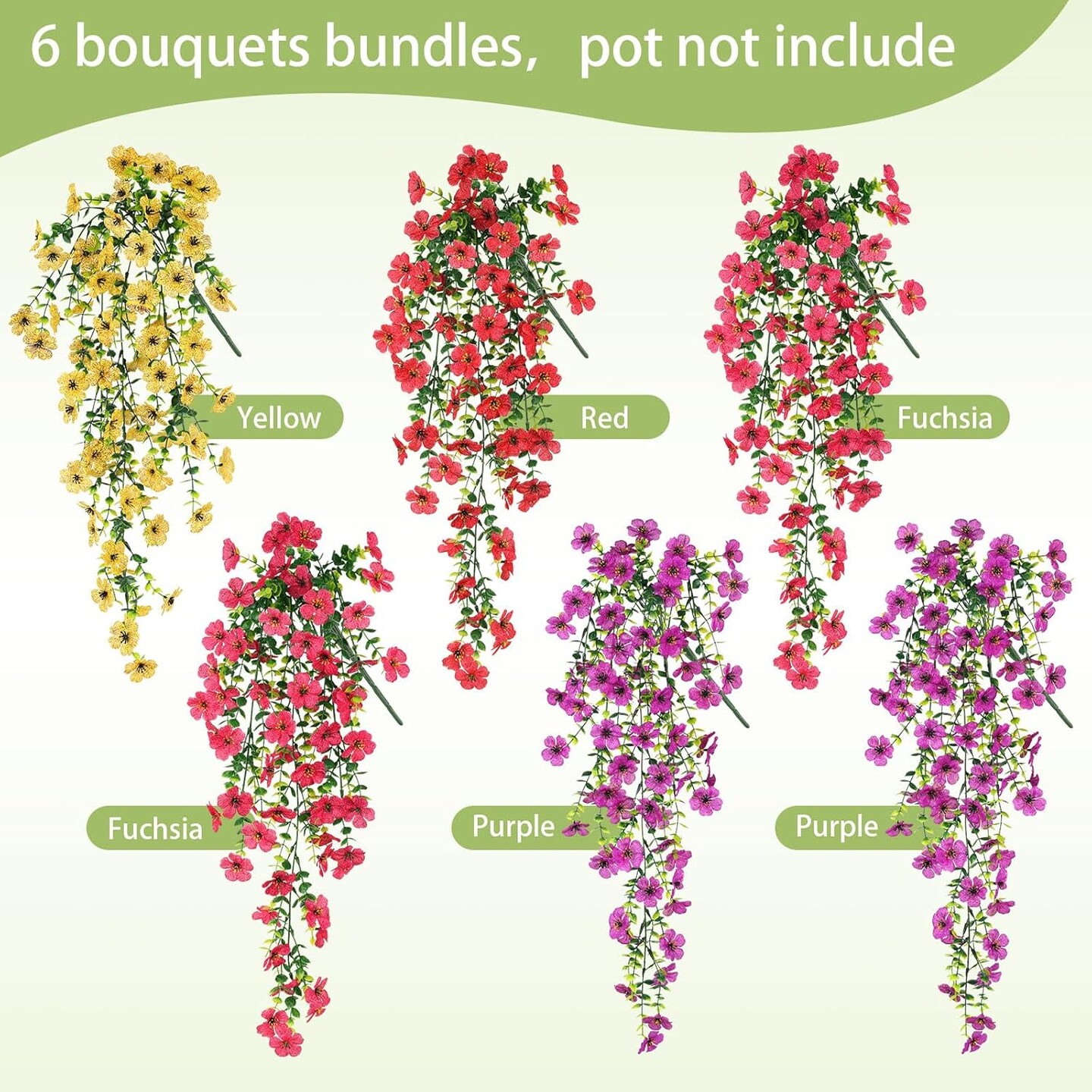 6 Bundles Artificial Hanging Flowers (Multicolor) 2.83"D x 11.13"W x 12.64"H