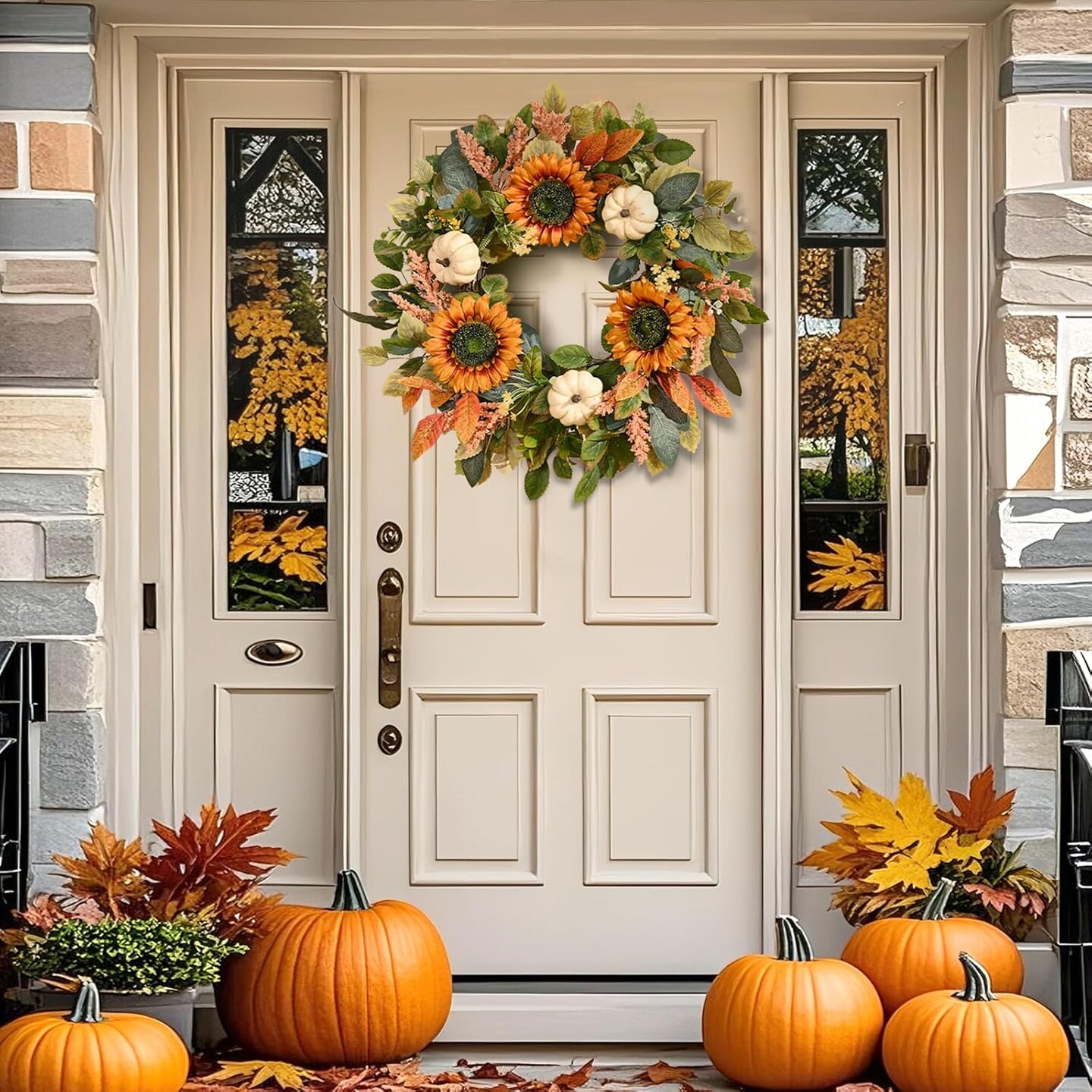 22in Sunflower Fall Door Wreath with Pumpkin