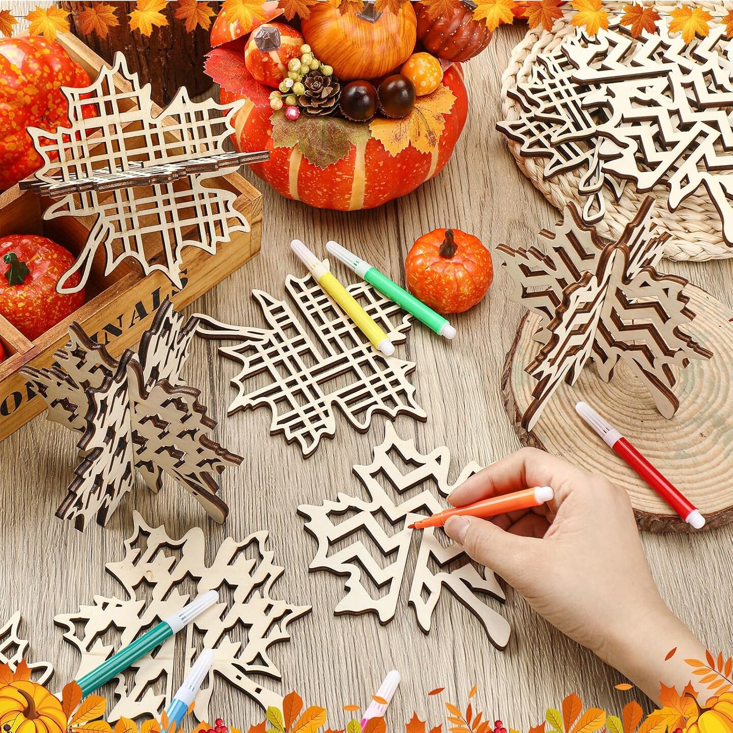 36 Pcs Fall Crafts Set 24 Maple Leaf Wood DIY Crafts Cutouts with 12 Colored