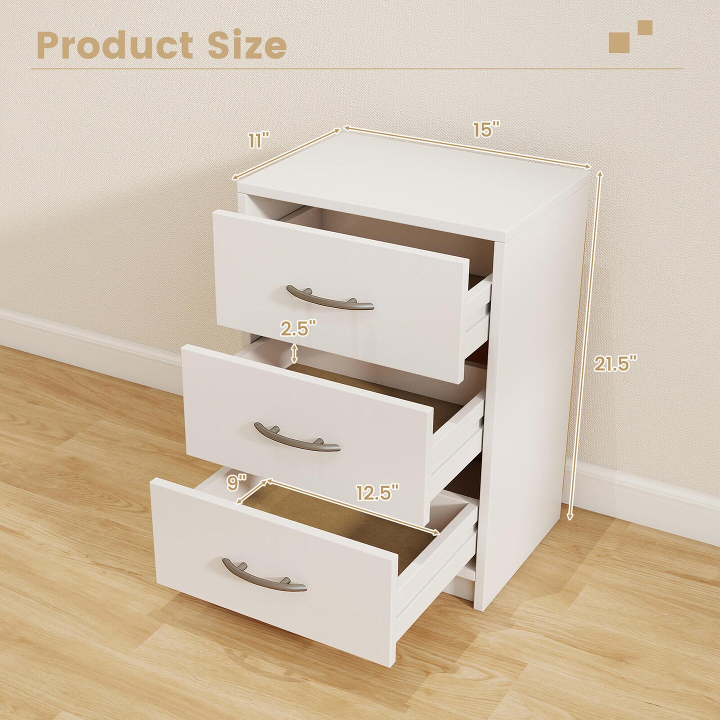 Costway 1/2 PCS 3-Drawer Nightstand Modern Bedside Table with Storage Anti-Toppling Kit for Bedroom White