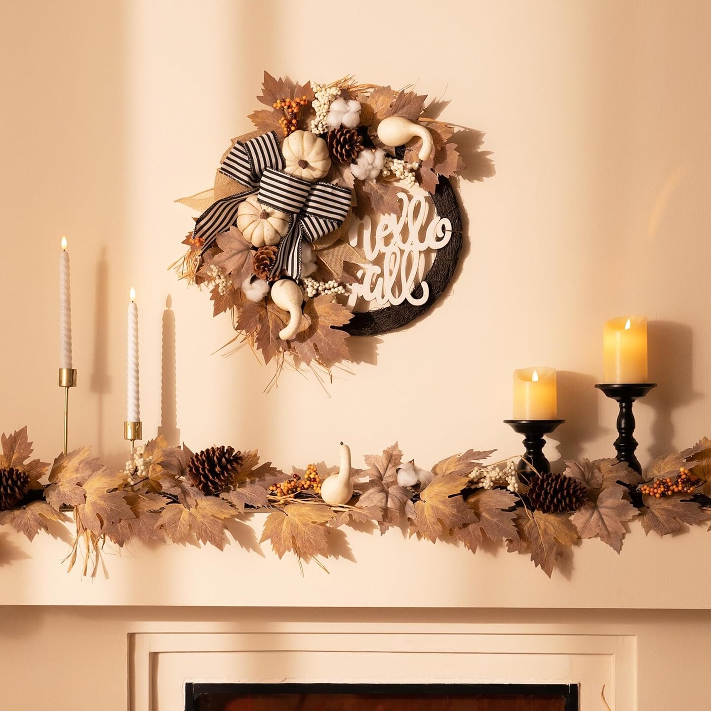 Neutral Autumn Door Wreath with Lights