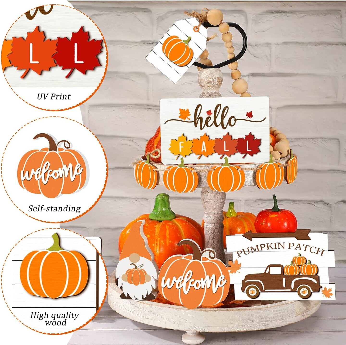 Fall Tiered Tray Decor Set Thanksgiving Pumpkin Maple Leaves