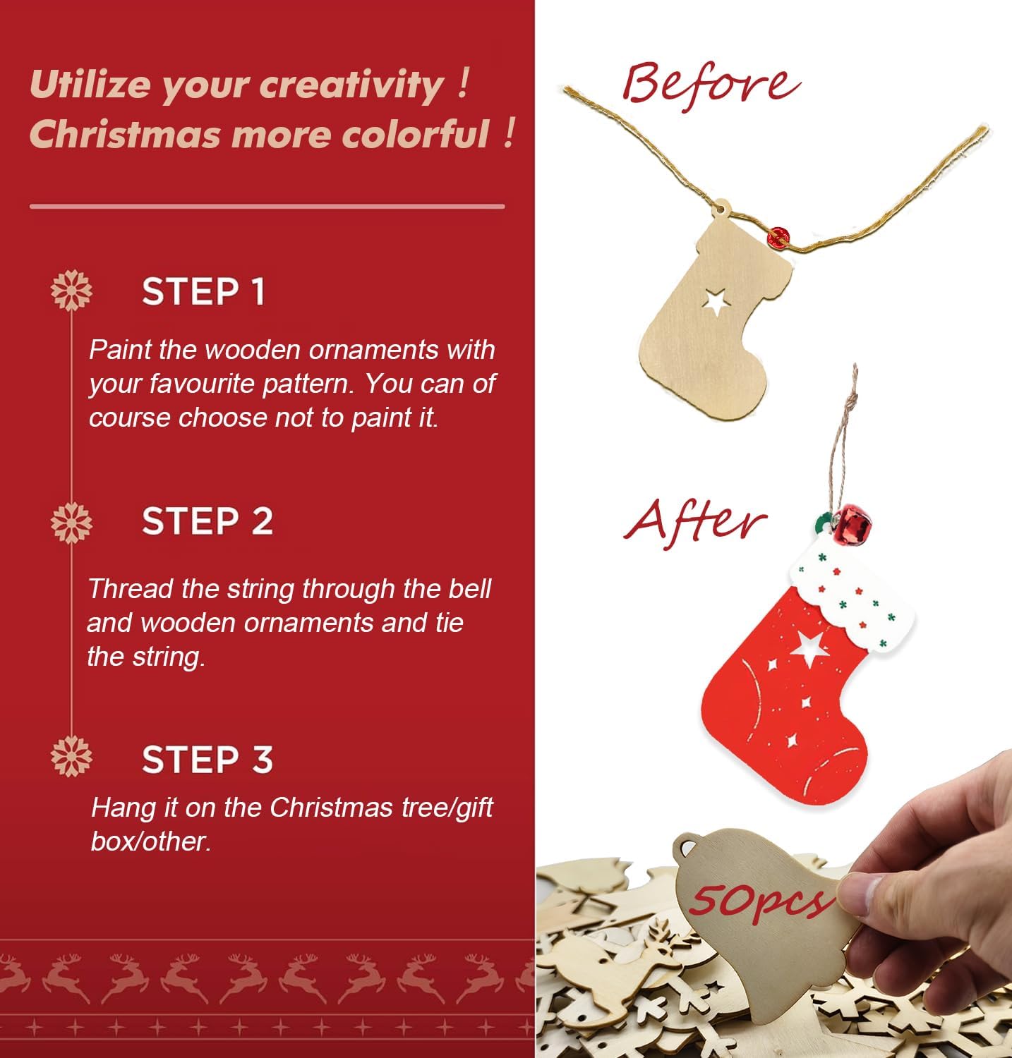 50pcs Christmas Wooden Ornaments for Crafts