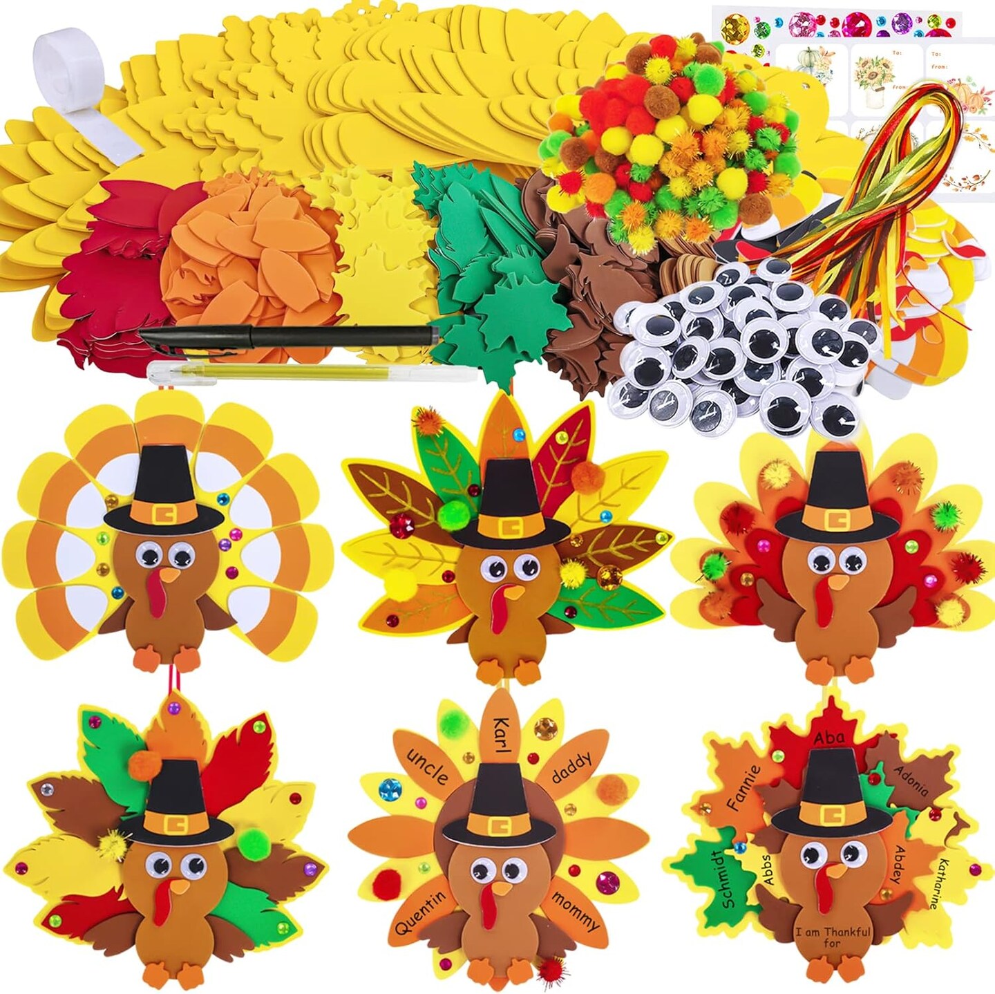 24-Pack Thanksgiving Turkey Craft Kits for Kids – DIY Foam Turkey Ornaments with Feathers, Pumpkin & Leaf Stickers, Googly Eyes, Pom-Poms, and Ribbon for Classroom, Party & Autumn Decorations